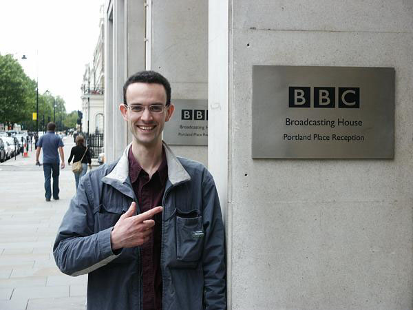 July 4th 2004 - Tom, excited, outside the BBC